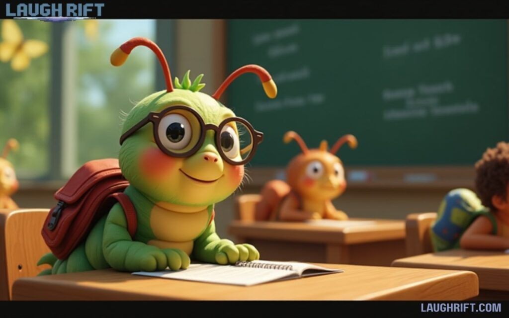 Cartoon with backpack in a leafy classroom with butterfly classmates.
