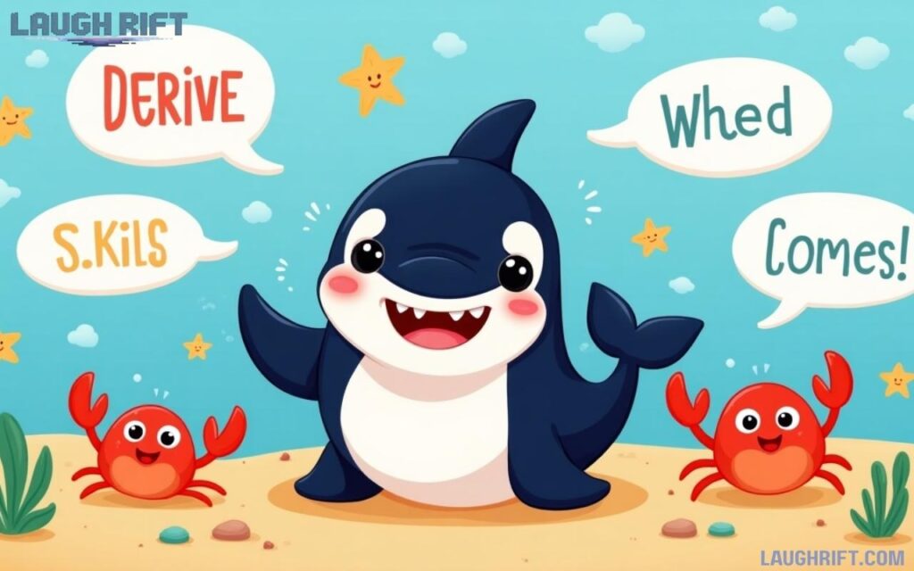 Cute cartoon orca with kid friendly jokes.