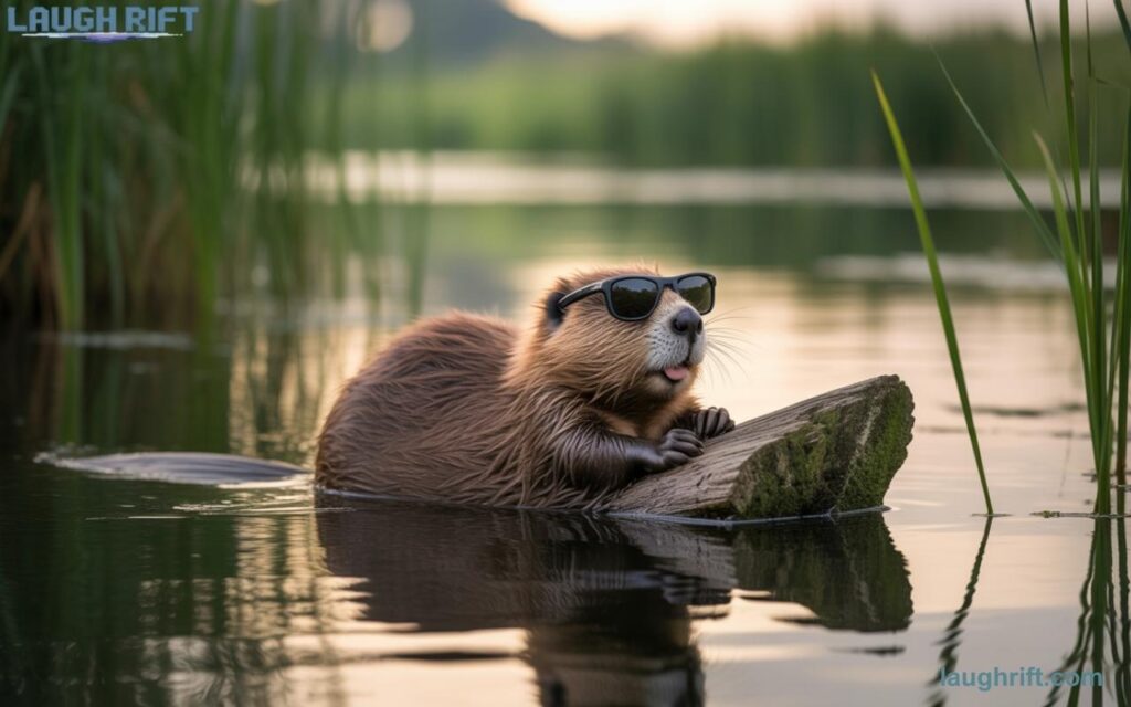 Relaxed animal floating downriver with chill vibes and shades.
