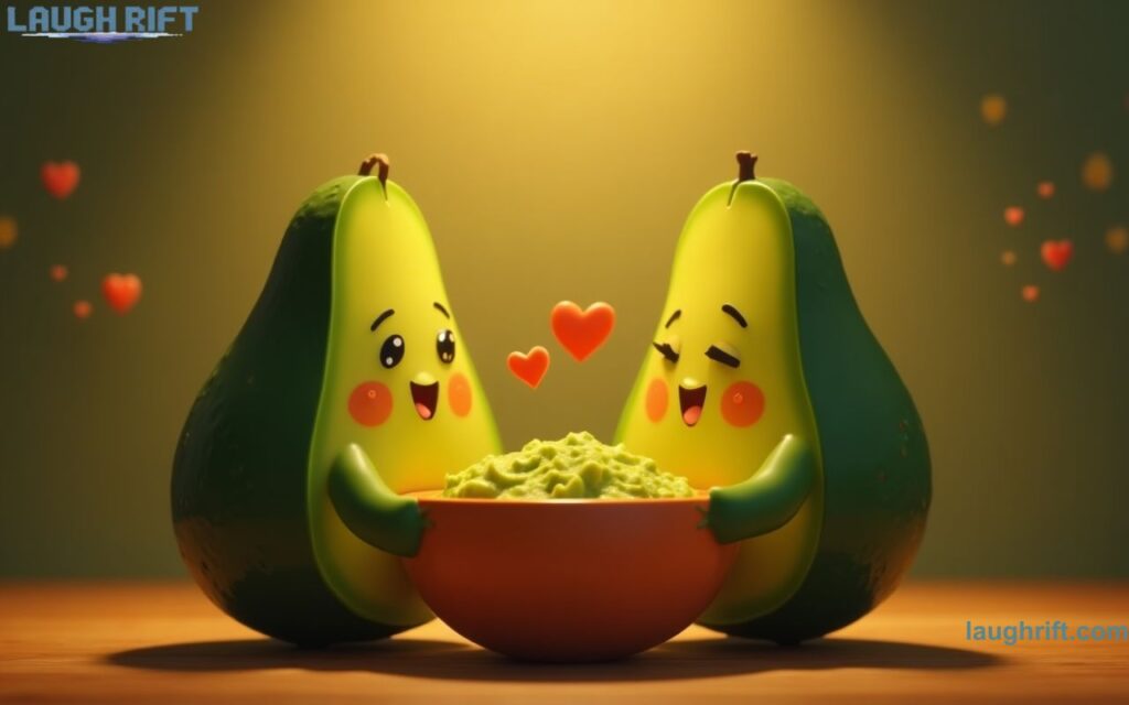 Romantic cartoon avocados with flirty pun captions like “Let’s avo cuddle” and “You guac my world”