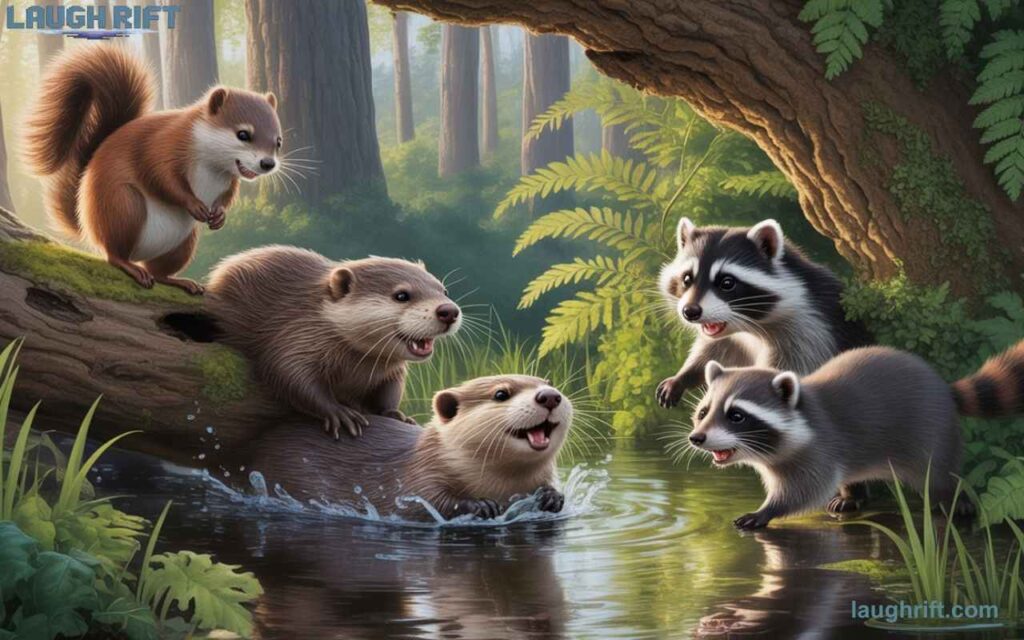 Cartoon animals enjoying a pun filled day in the forest with clever beaver puns and woodland humor for social media posts.

