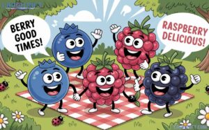 Cartoon berries sharing jokes and puns in a fun, playful setting.