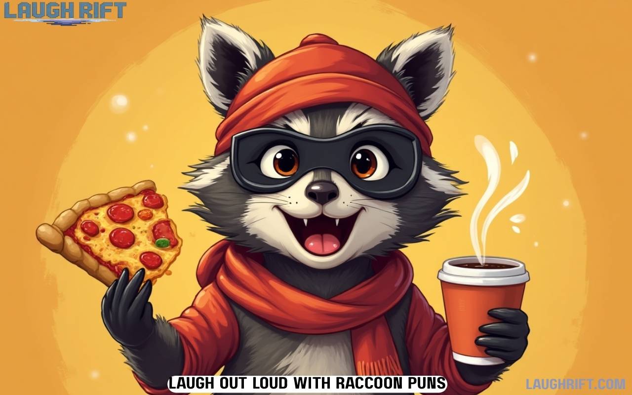 Playful cartoon raccoon with pizza and coffee surrounded by pun captions for raccoon puns article.