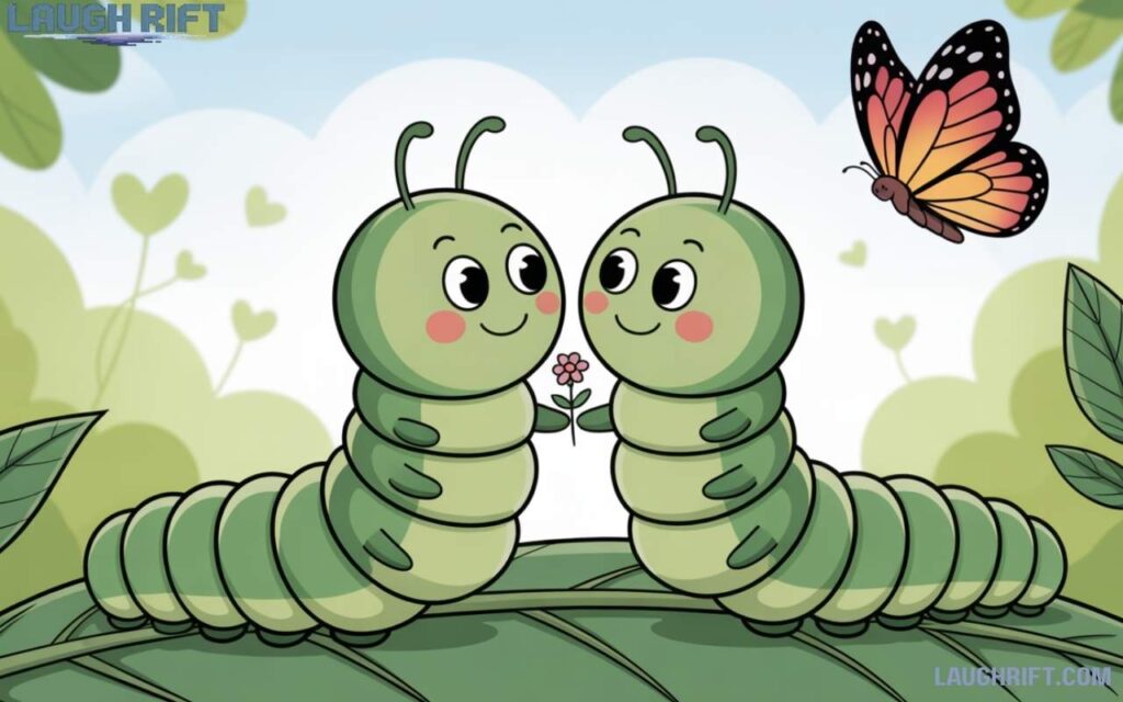 His to her caterpillar puns showing cute bug love with butterfly fun.