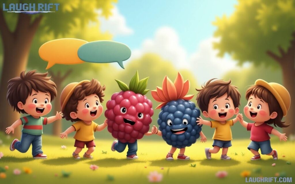 Kids playing with cartoon blackberries and blueberries telling funny jokes.