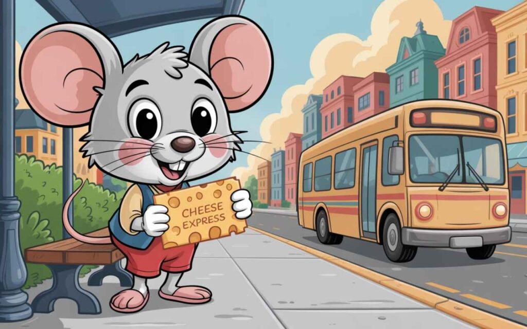 Cute cartoon mouse waiting at bus stop with cheese ticket.