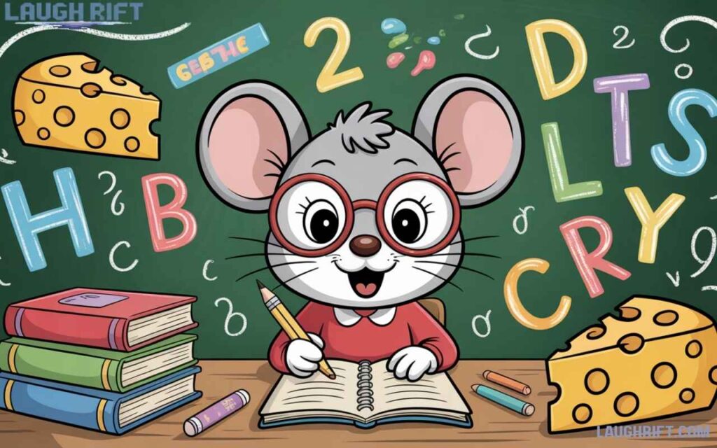 Cartoon mouse studying in classroom with books and chalkboard for mouse puns.