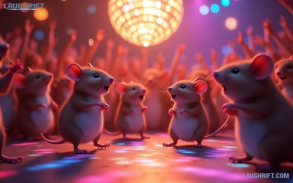 Cartoon mice dancing on a disco floor with an audience of mice cheering for dance floor.