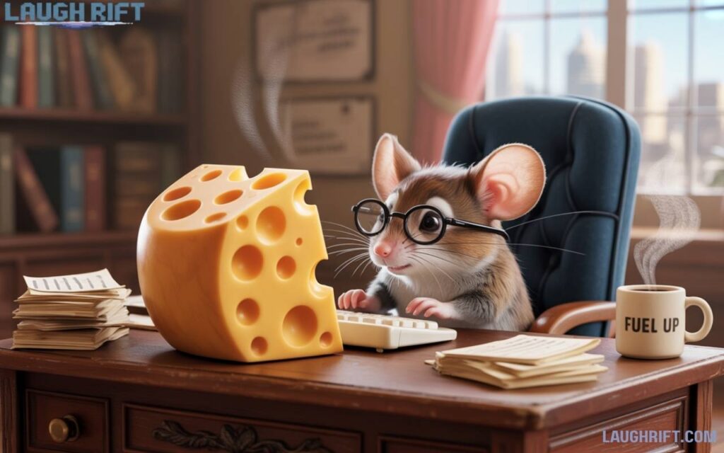 Cartoon office mouse working on cheese computer for mouse puns.