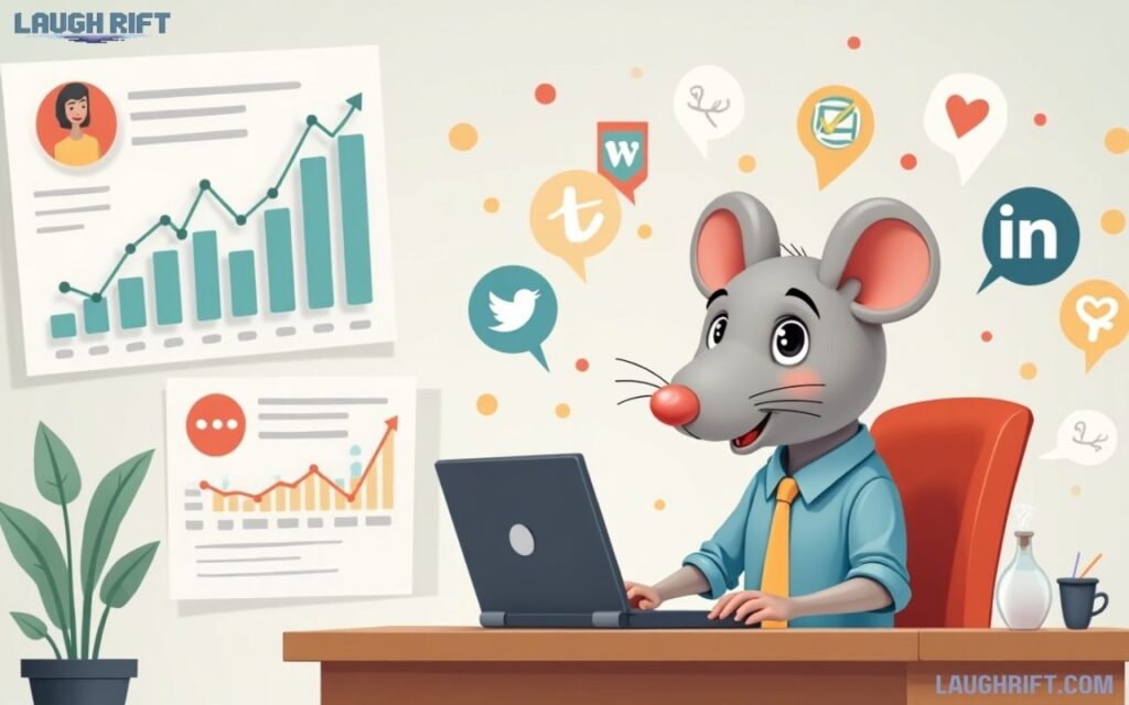 Cartoon mouse at a laptop with charts and social media icons showing how this jokes boost engagement.