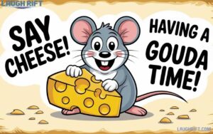 Funny mouse puns and jokes for all ages with cute cartoon mouse holding cheese.