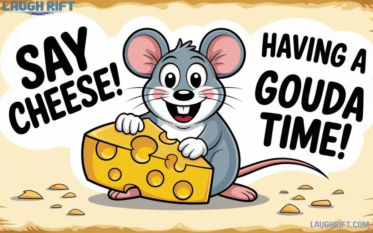 Funny mouse puns and jokes for all ages with cute cartoon mouse holding cheese.