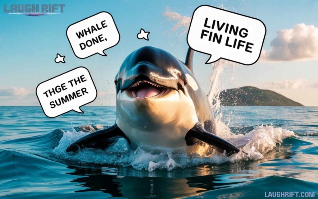 Orca cartoon with Instagram captions and ocean wordplay.