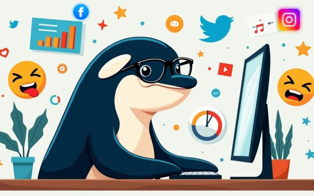 Orca cartoon showing social media and online engagement.