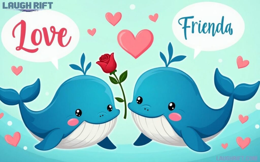 Two cartoon whales with a rose, hearts, and playful friendship jokes.