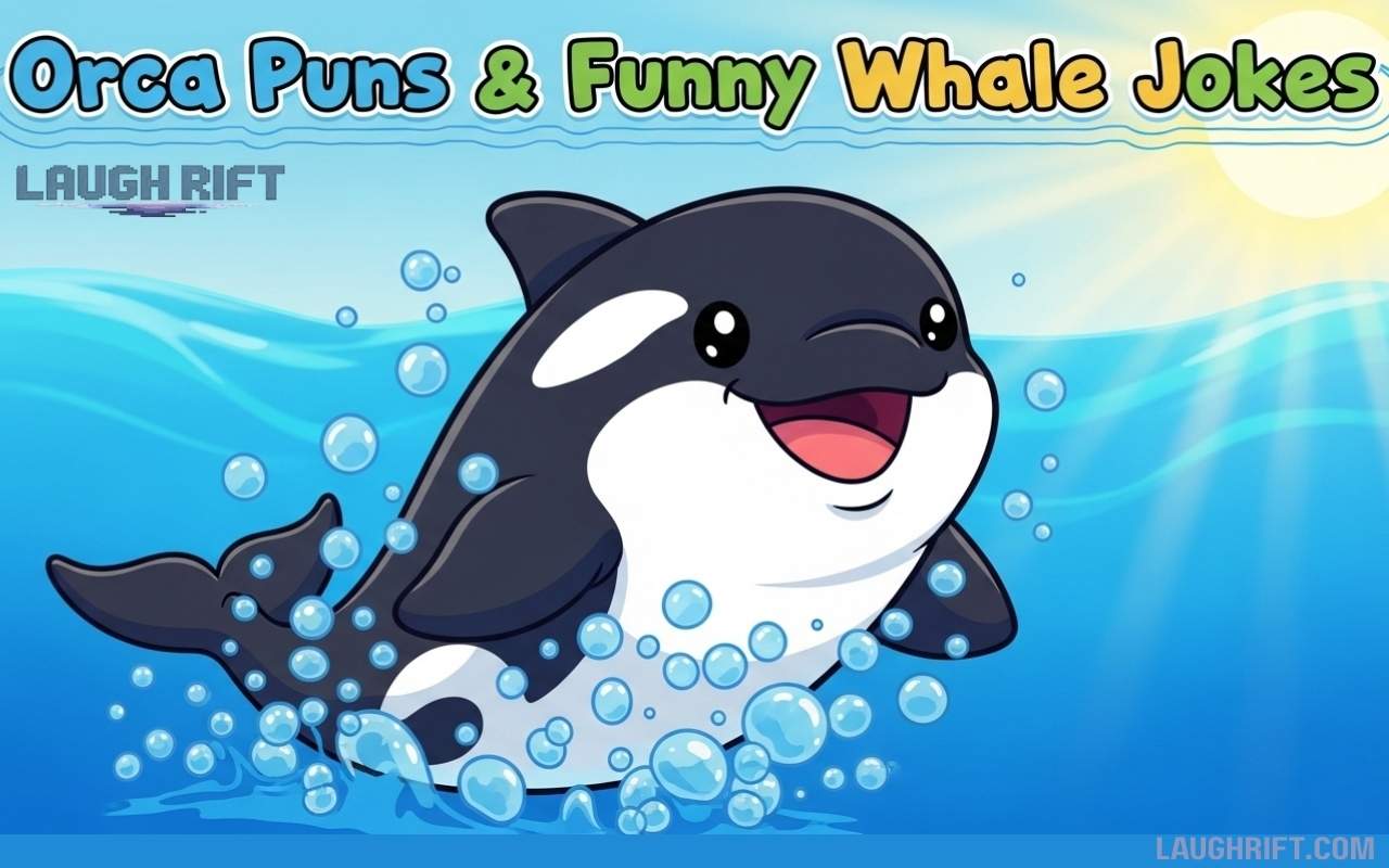 Orca cartoon with bubbles and funny whale pun text.