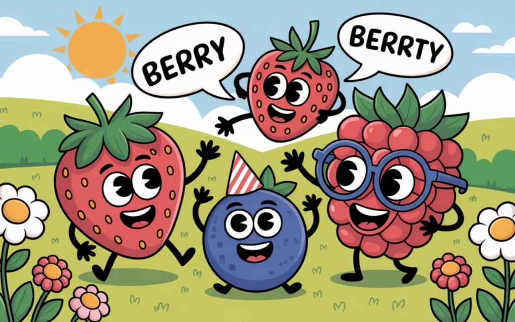 Playful cartoon berries sharing light hearted jokes and puns in a fun scene.
