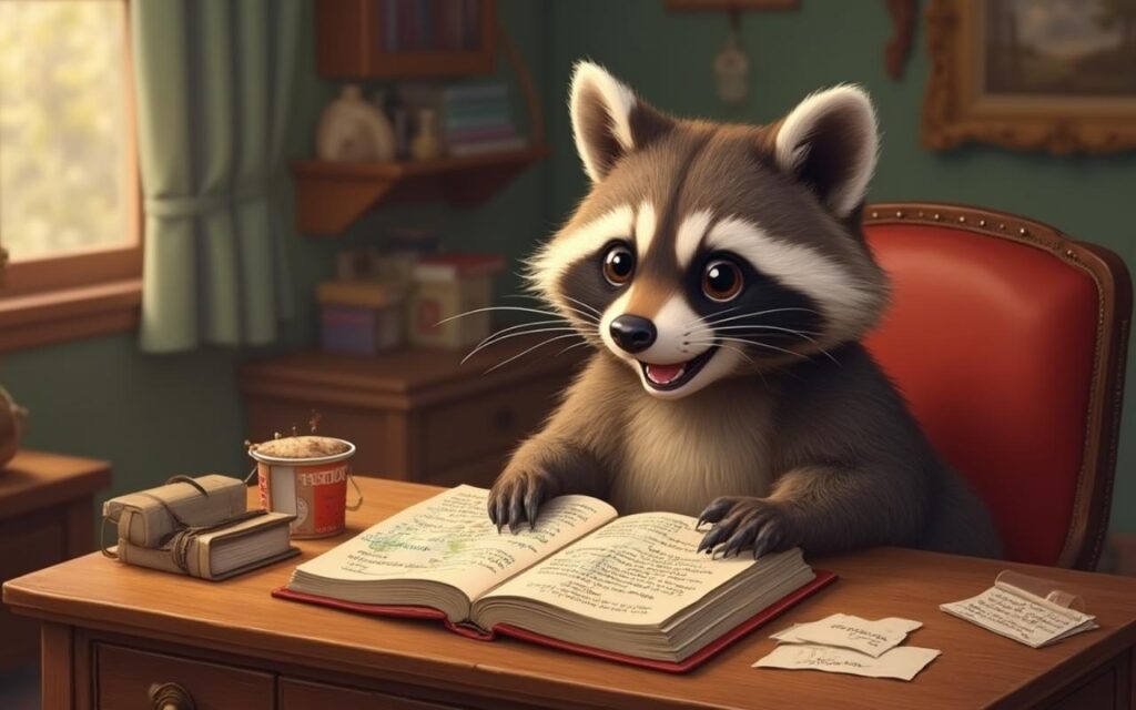 Cartoon raccoon reading a history book for short history of raccoon puns.