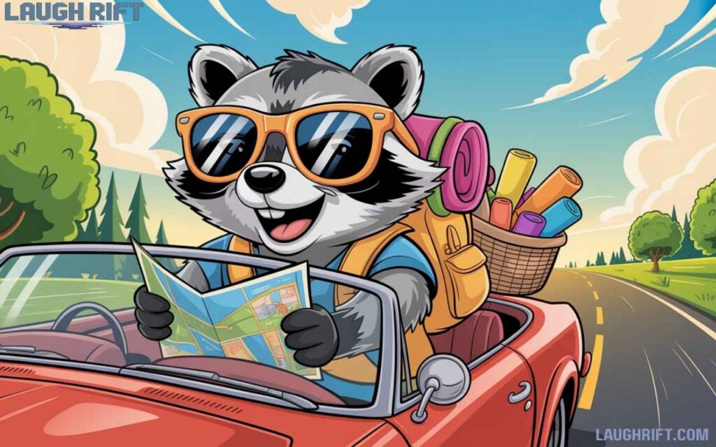 Playful cartoon wearing sunglasses and a backpack, riding in a car with a map and snacks, enjoying a fun road trip adventure.