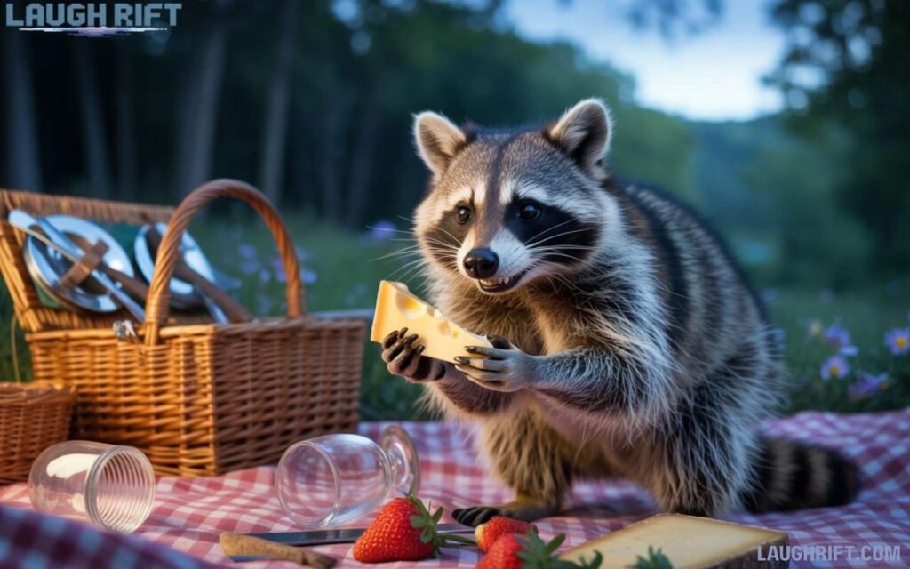Raccoon stealing snacks at night under the moonlight.