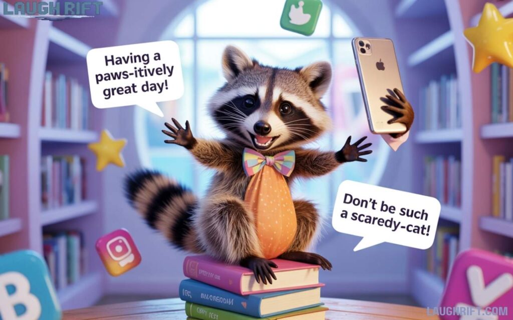 Cute cartoon raccoon taking a selfie with funny raccoon puns for social media captions.