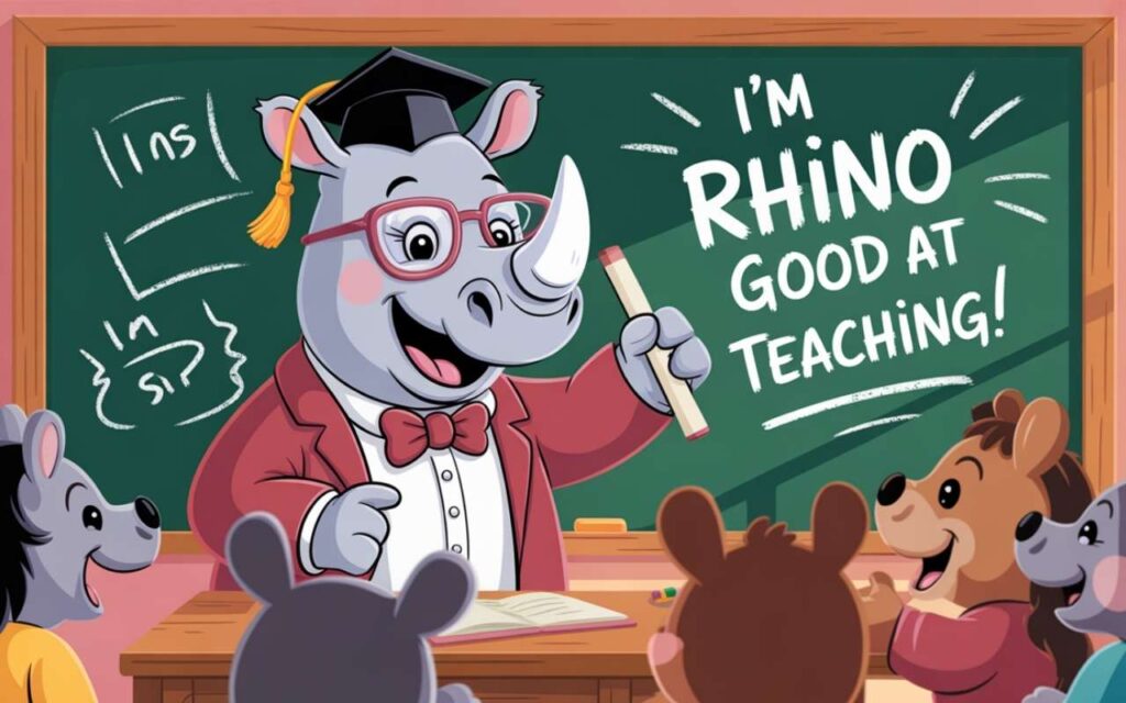 Cartoon rhino teaching puns in a classroom.