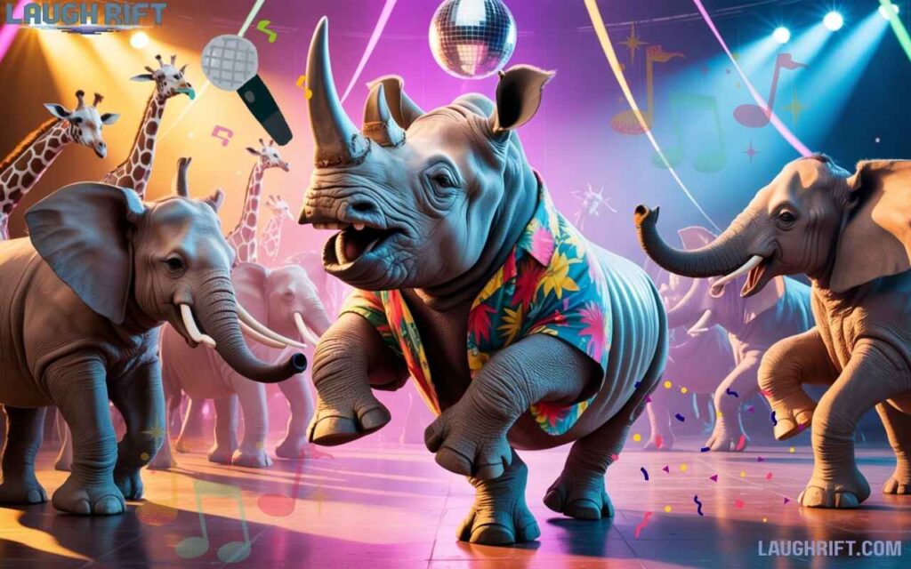 Animals dancing at a colorful party.
