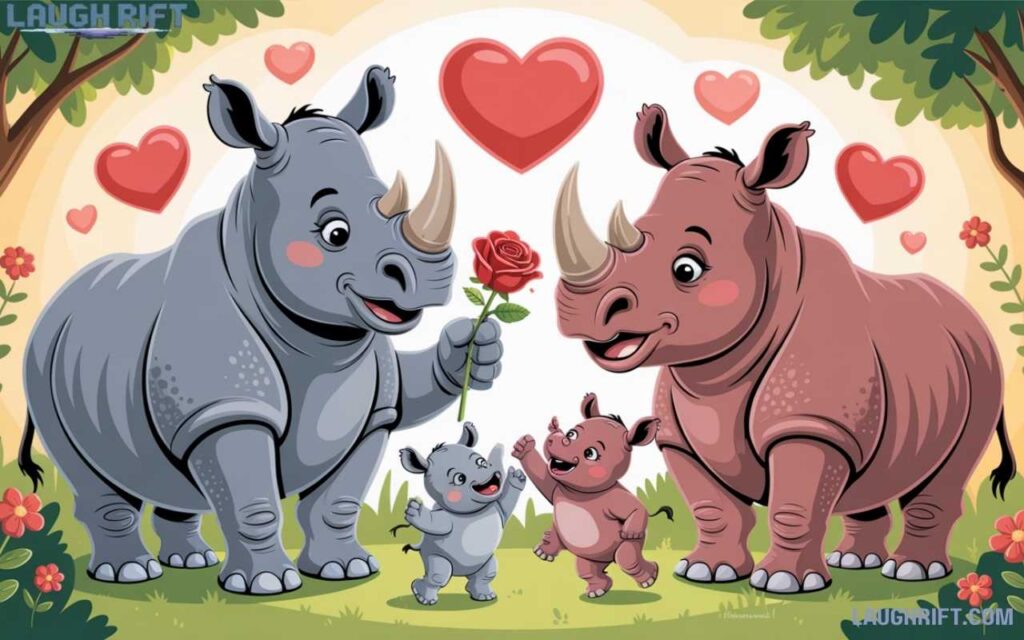 Cartoon rhino giving rose to wife with kids and heart signs.