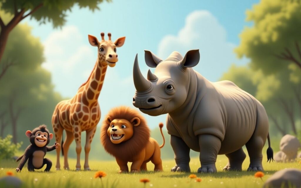 Realistic horn with animals in natural jungle colors.
