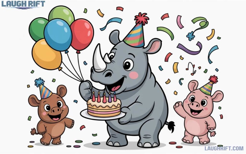 Cartoon rhino celebrating with party hat, balloons, and funny jokes.