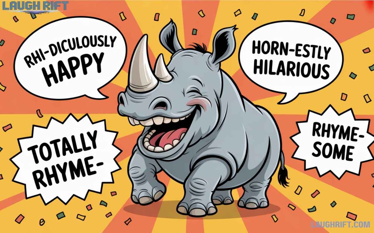 Funny cartoon rhino with pun captions for rhino puns article.