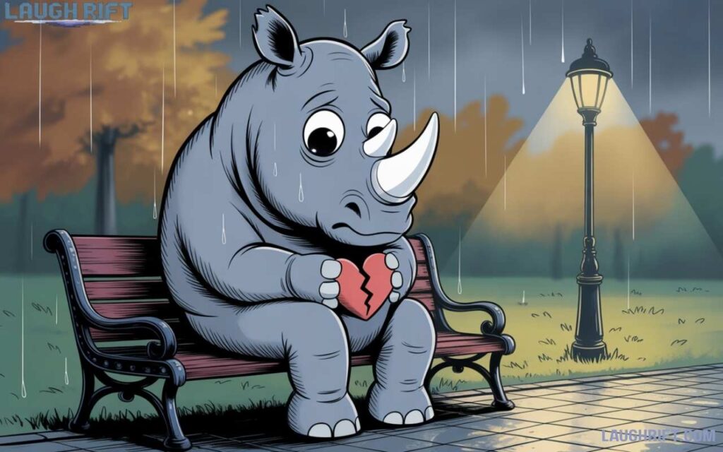 Sad cartoon rhino with broken heart captions.