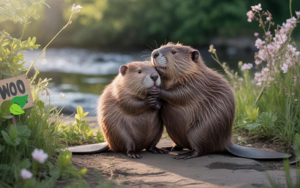 Cute beaver couple sharing love in a scenic forest setting