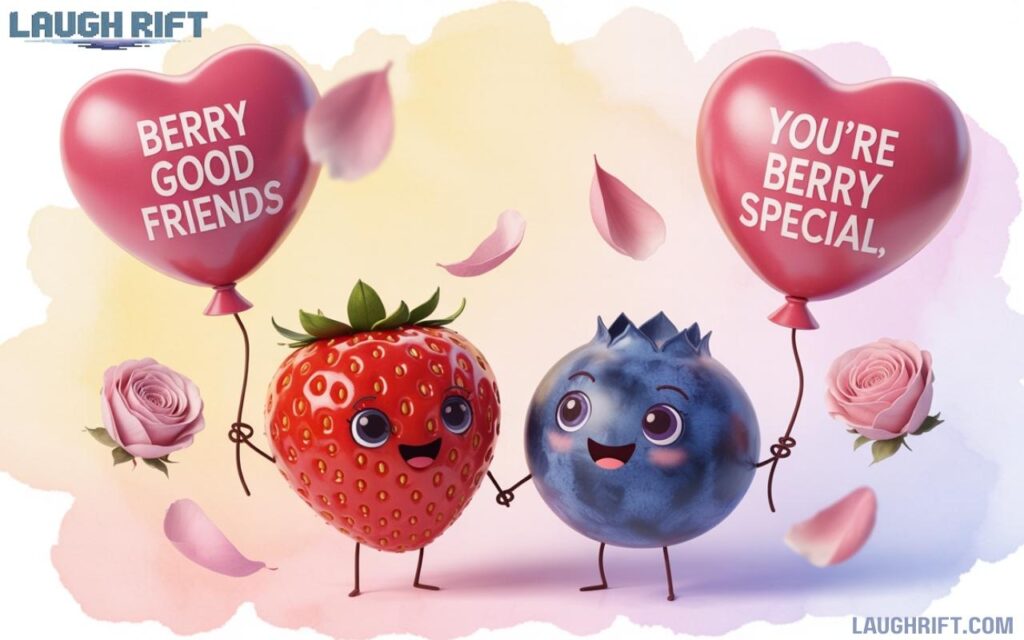 Berry puns shared on social media with likes and hearts.