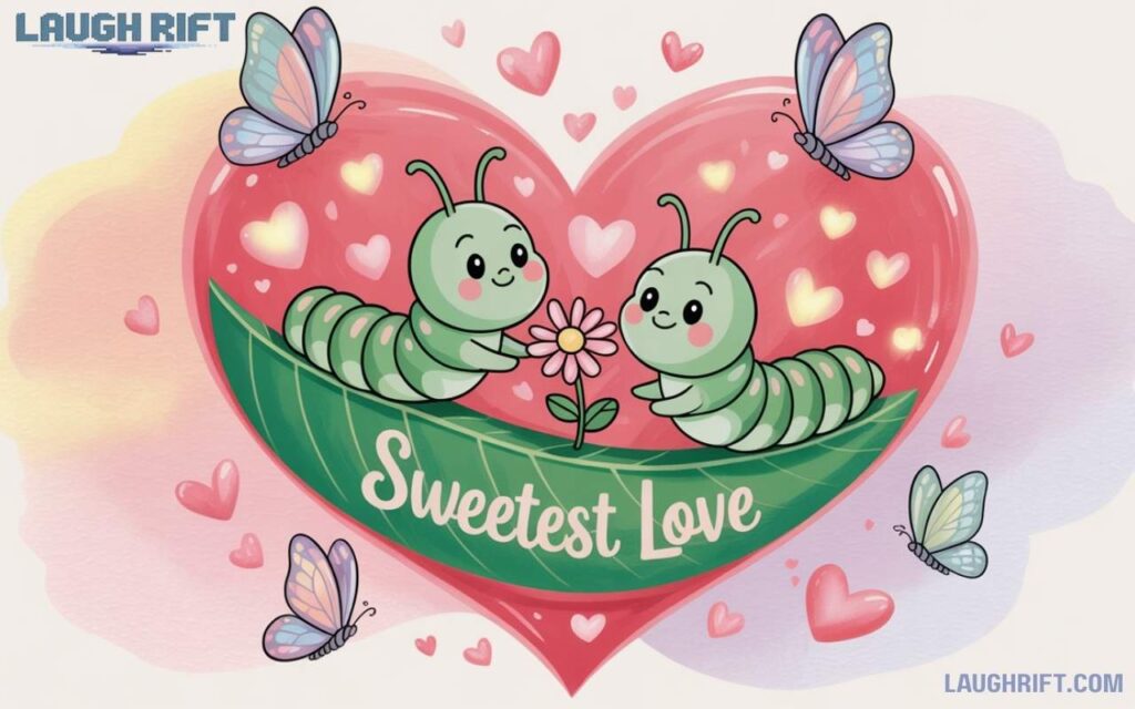 Cute cartoon caterpillars on a heart shaped leaf with flowers and hearts in a romantic style.