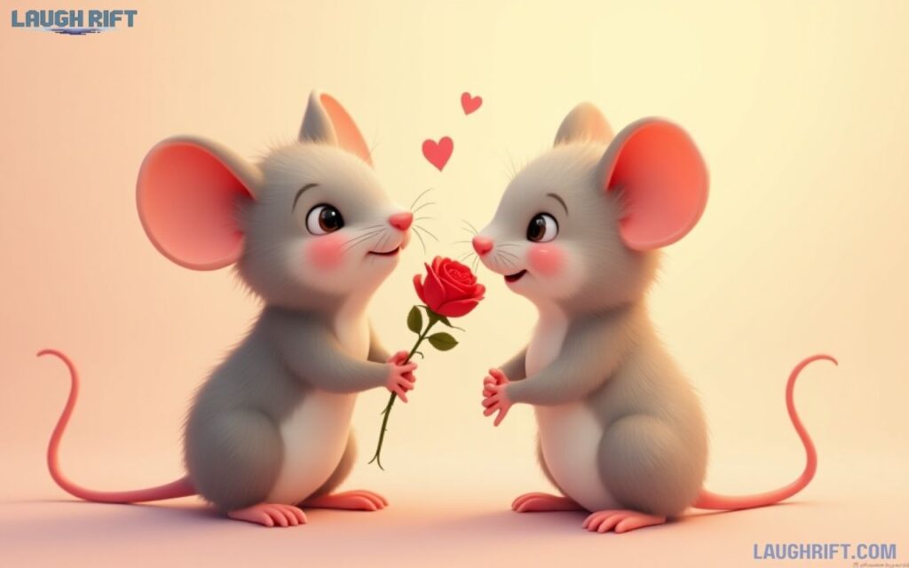 Cute cartoon couple holding a rose with hearts in the background.