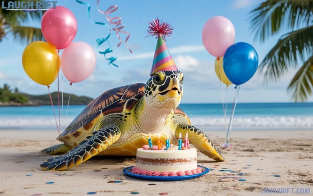 Shell-abrating Birthdays & Big Days with a happy sea turtle in a festive beach party scene.
