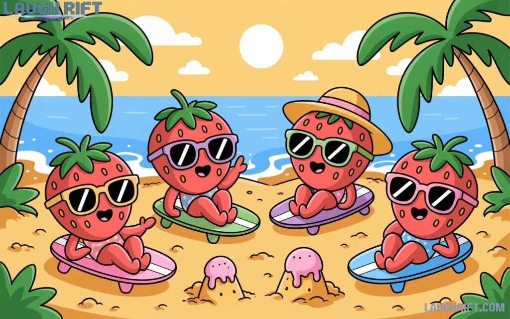 Cartoon strawberries enjoying the beach with funny summer vibes.