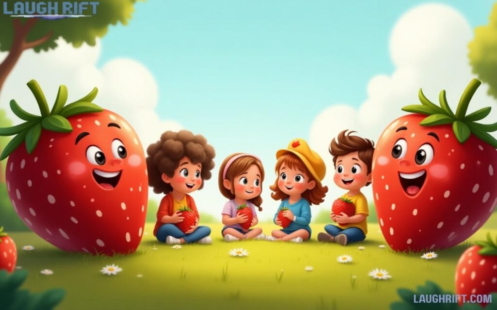 Children laughing with funny cartoon strawberries sharing kid friendly jokes.