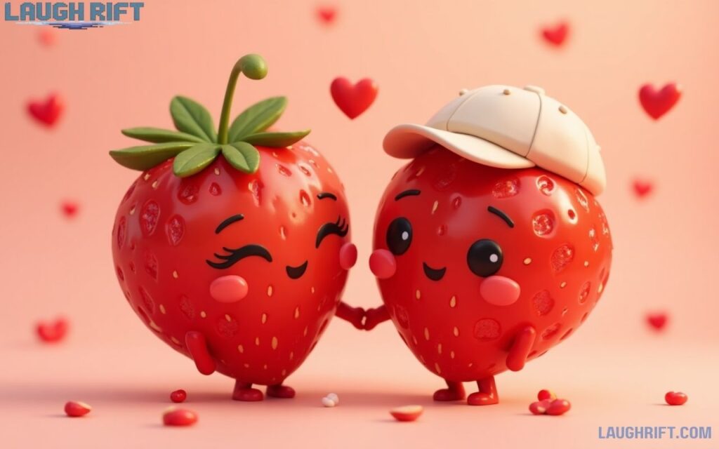 Cute strawberry couple illustration with romantic puns for boyfriend.