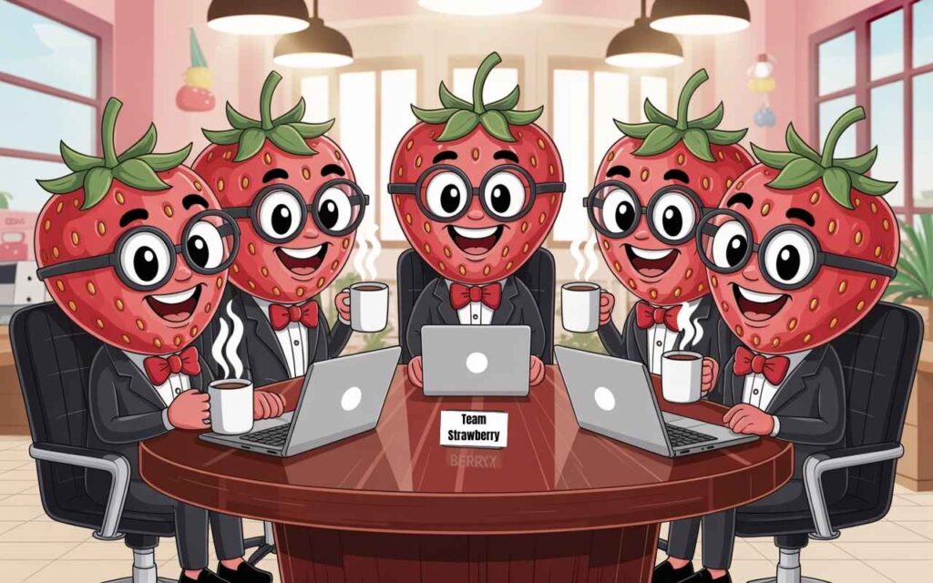 Funny strawberry jokes illustration with office themed strawberries at work.