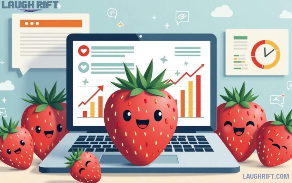 Illustration of strawberry puns boosting engagement with charts and social media icons.