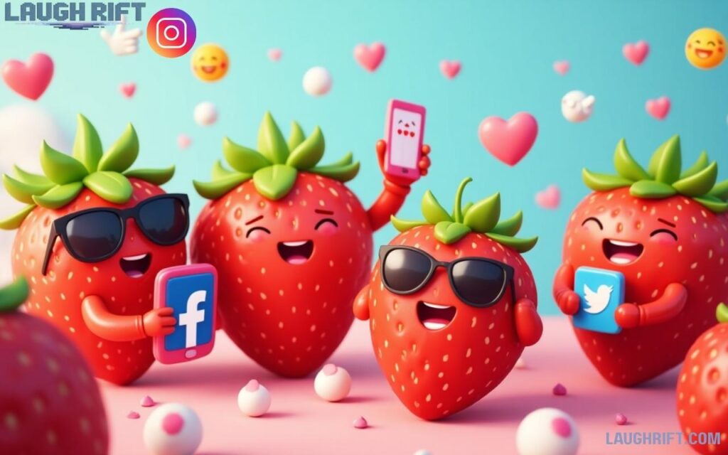 Funny cartoon strawberries sharing social media jokes on Instagram, Facebook, TikTok, and Twitter.