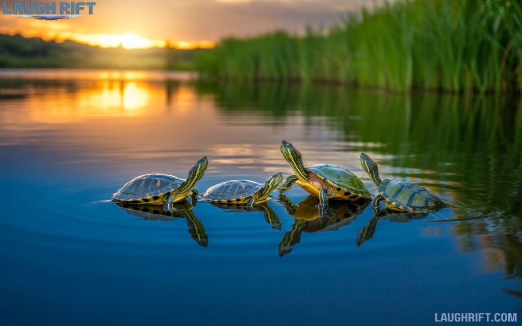 Turtle puns about family and friendship with playful turtles swimming together.