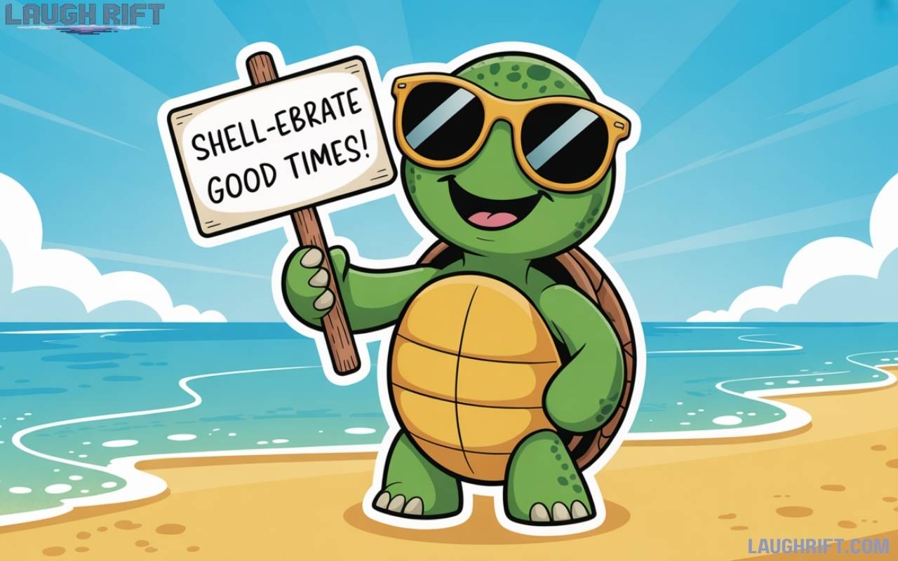 Cartoon turtle with funny turtle puns on beach