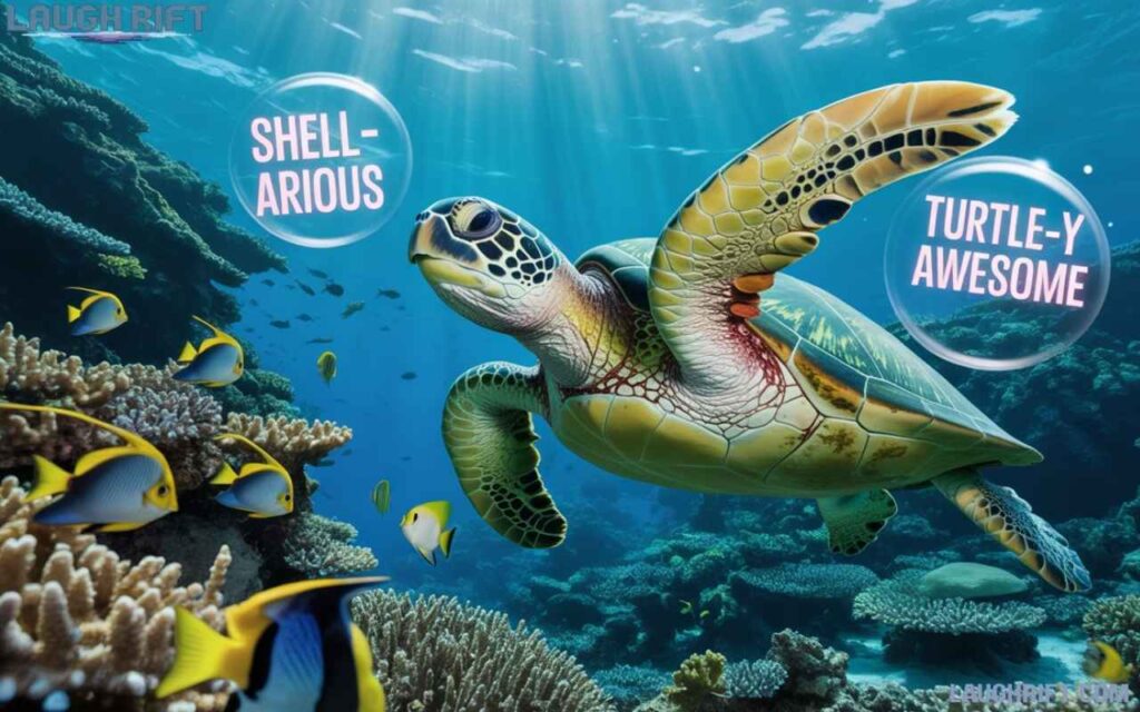 Turtley Terrific jocks with a playful sea turtle swimming in a colorful reef.