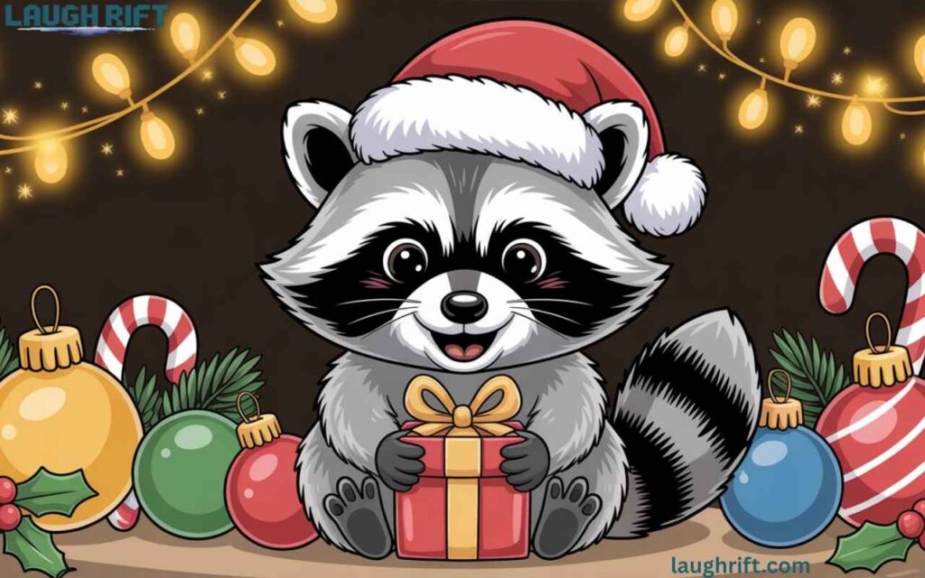 Raccoon with Santa hat and gift.