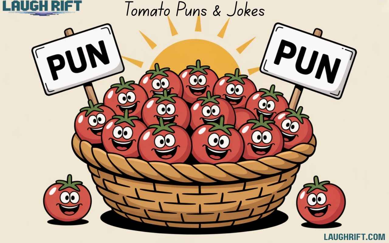 Cartoon basket of smiling tomatoes holding pun signs with a bright sunny background.