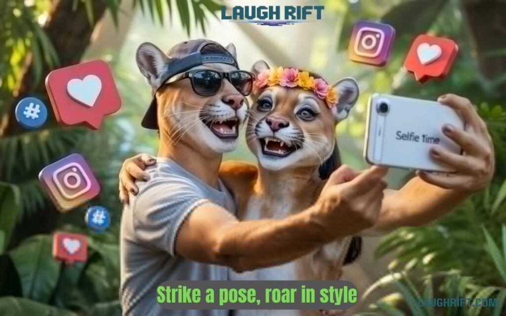 Cartoon male and female cougars taking a selfie with Instagram icons like hearts and hashtags around them.