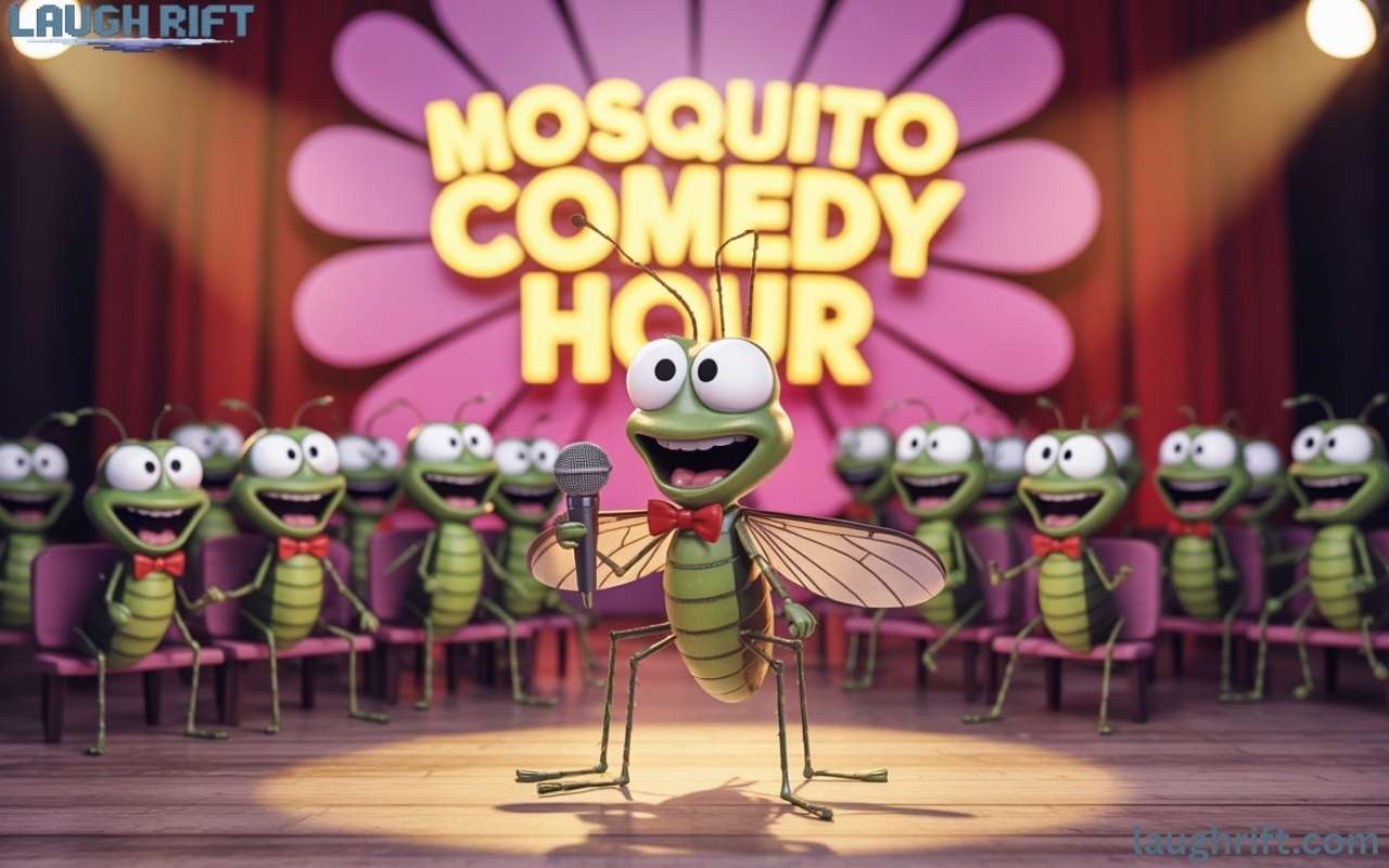 Cartoon mosquito telling jokes on stage with laughing mosquito audience in a comedy club setting.